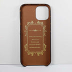 Brown iPhone card holder case showing the rear storage slot and protective cover