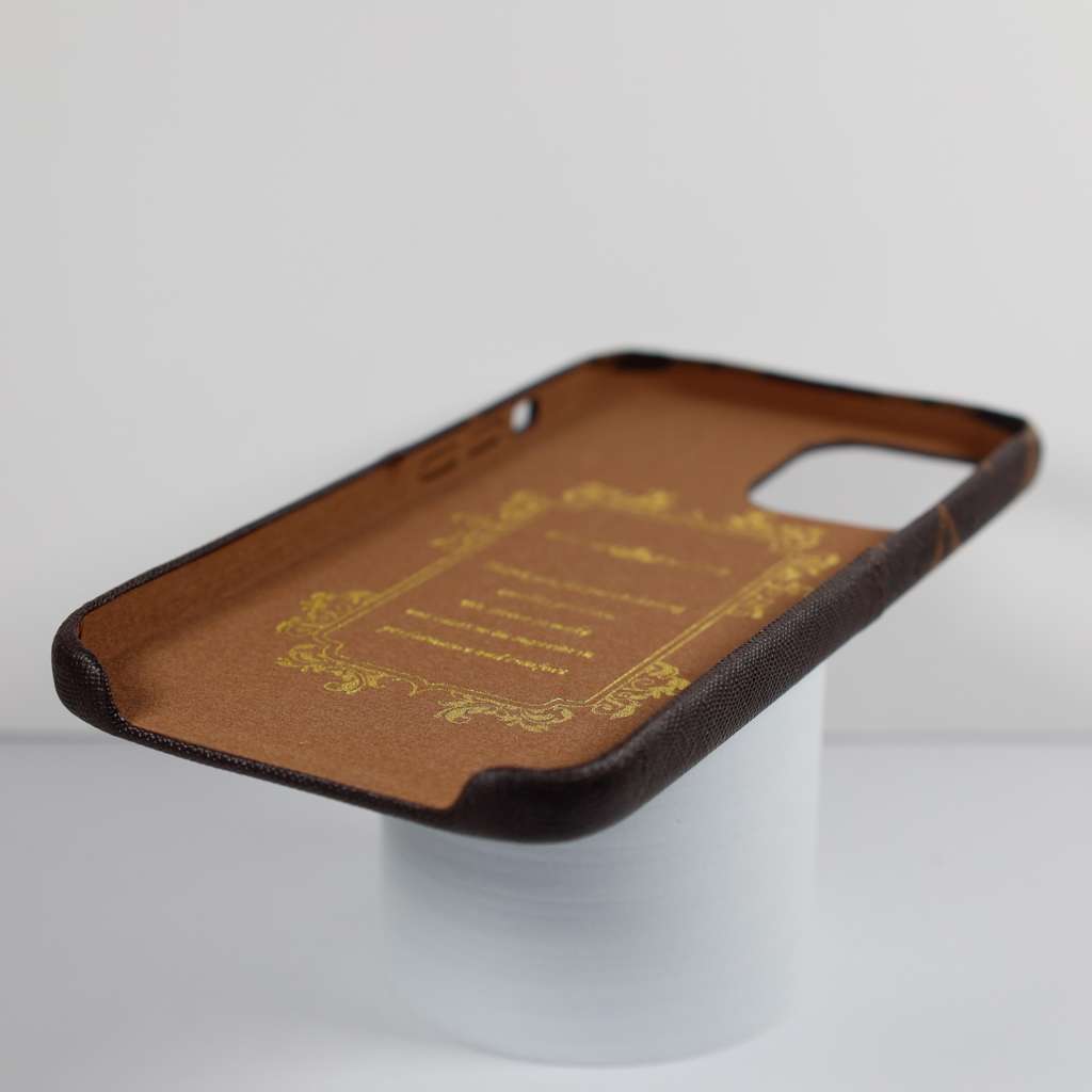 LV brown card holder iPhone case showing the finished back design and fitted camera area