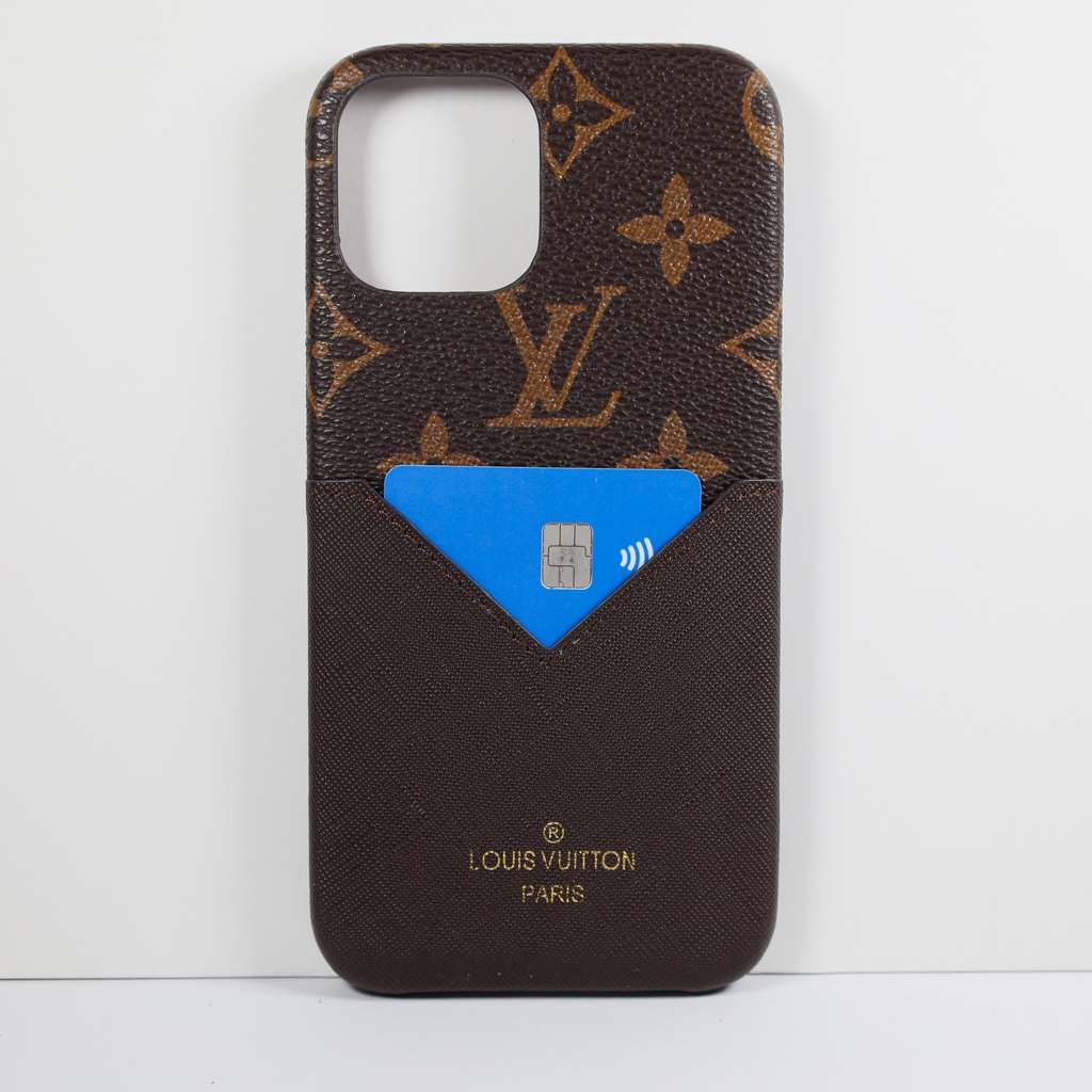 Brown LV card holder iPhone case showing the rear card slot and leather finish
