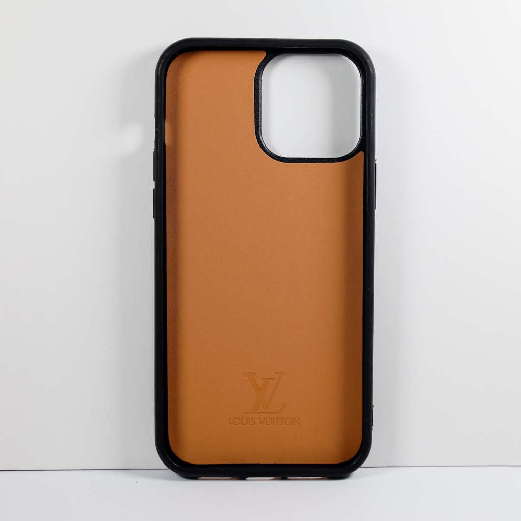LV monogrammed leather iPhone case showing the rear cover design and camera opening