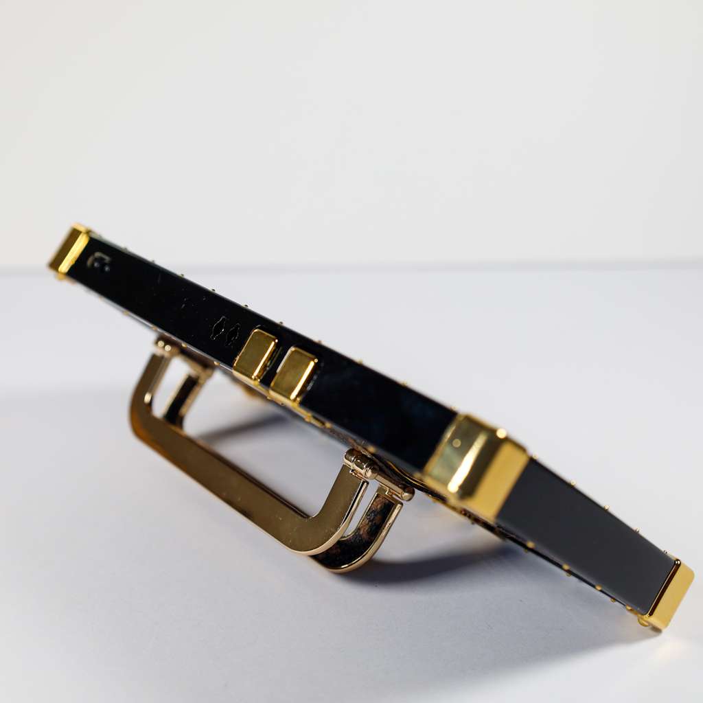 Luxury trunk iPhone case showing the protective back design and foldable kickstand