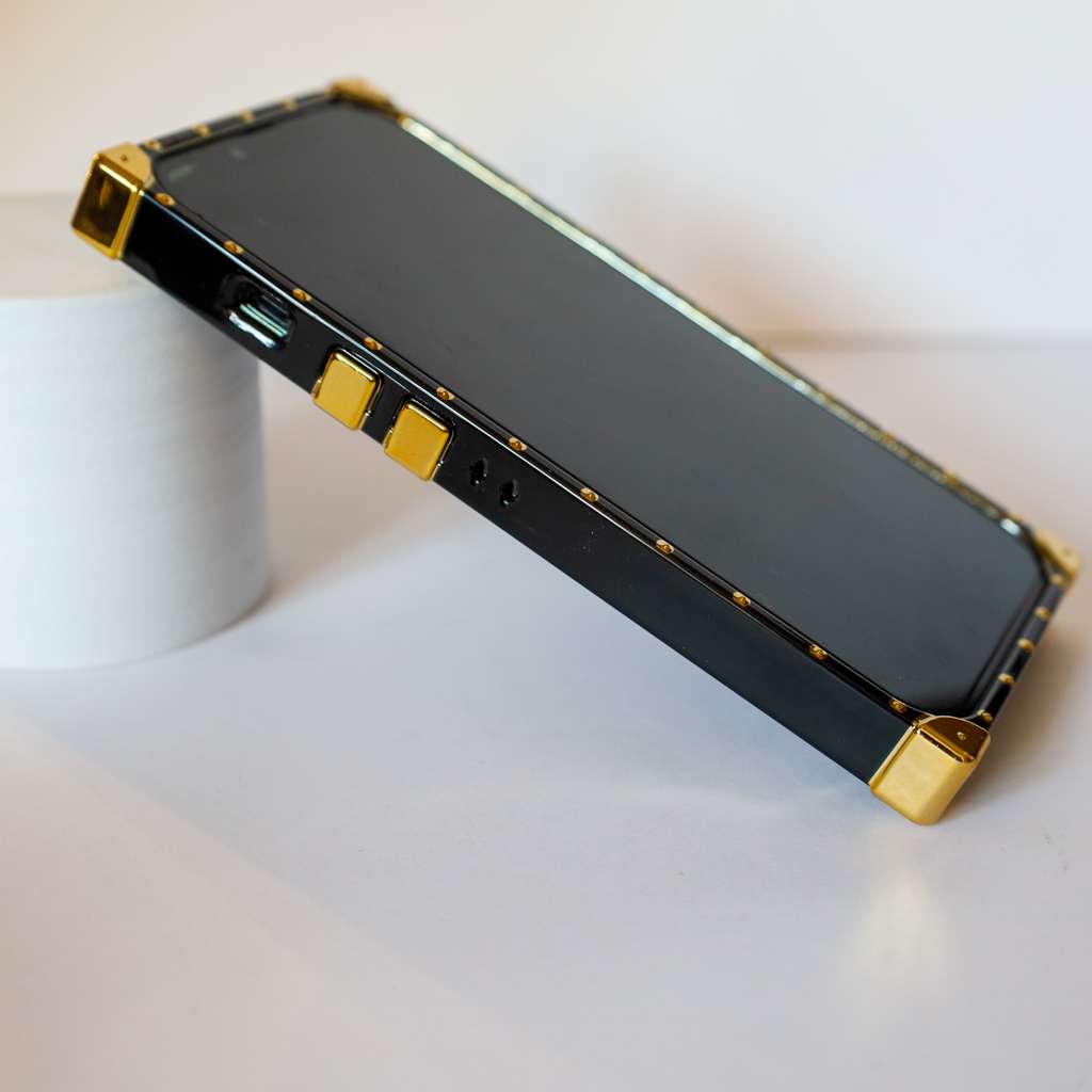 Louis Vuitton trunk iPhone case close-up showing the camera surround and hardware details