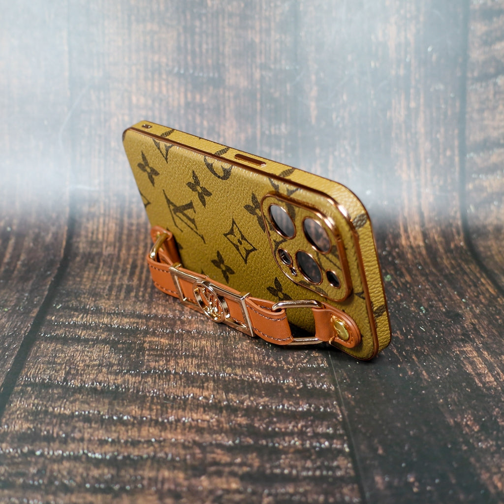 Latte iPhone case with strap showing the folding cover and finished edge profile