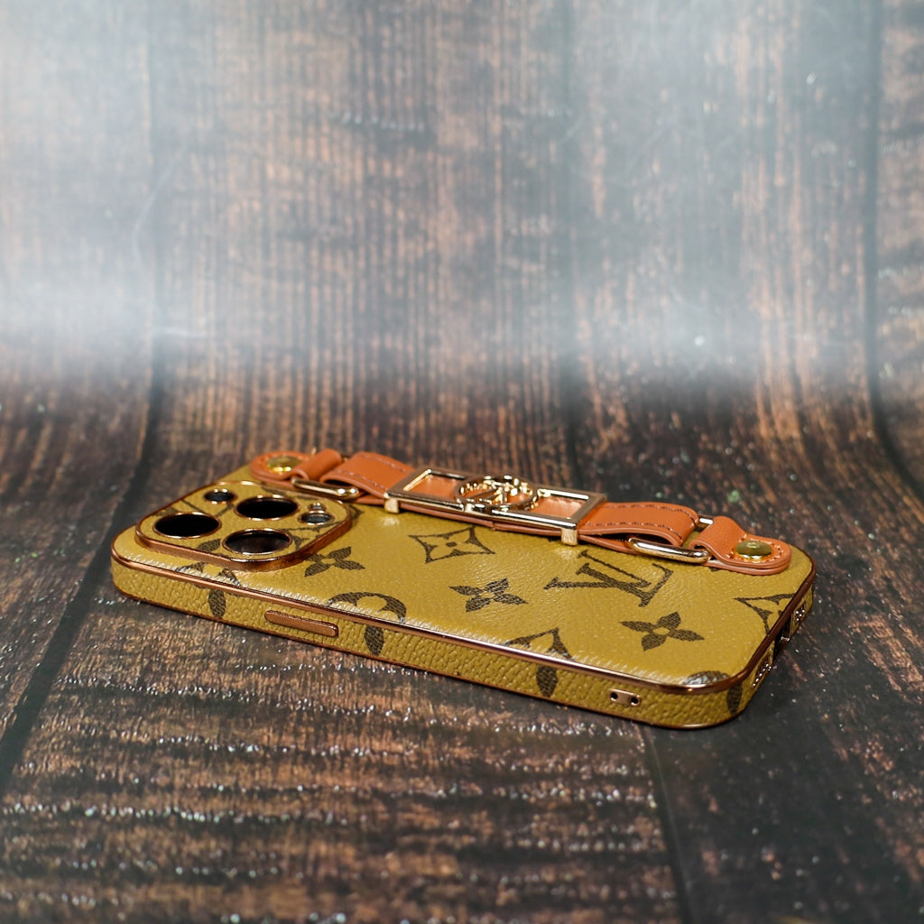 Latte LV iPhone case with strap showing the full protective cover and slim fit