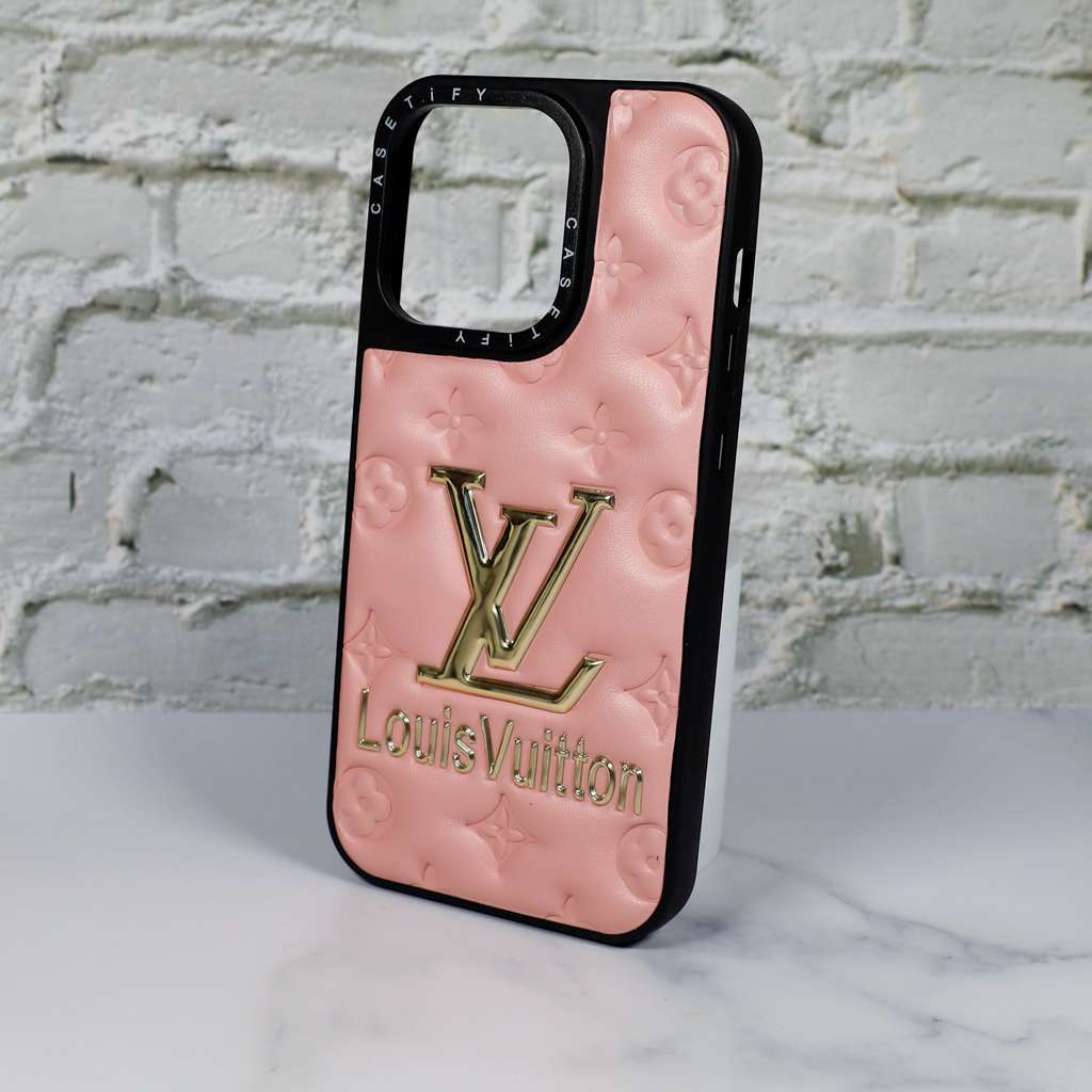 Pink stamped leather LV iPhone case showing the embossed finish and protective back