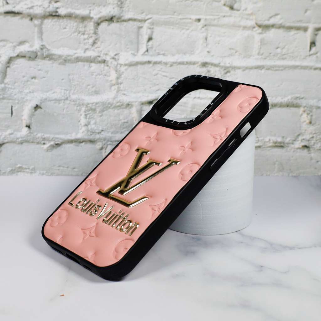 Detailed view of the pink stamped leather iPhone case and its smooth protective finish