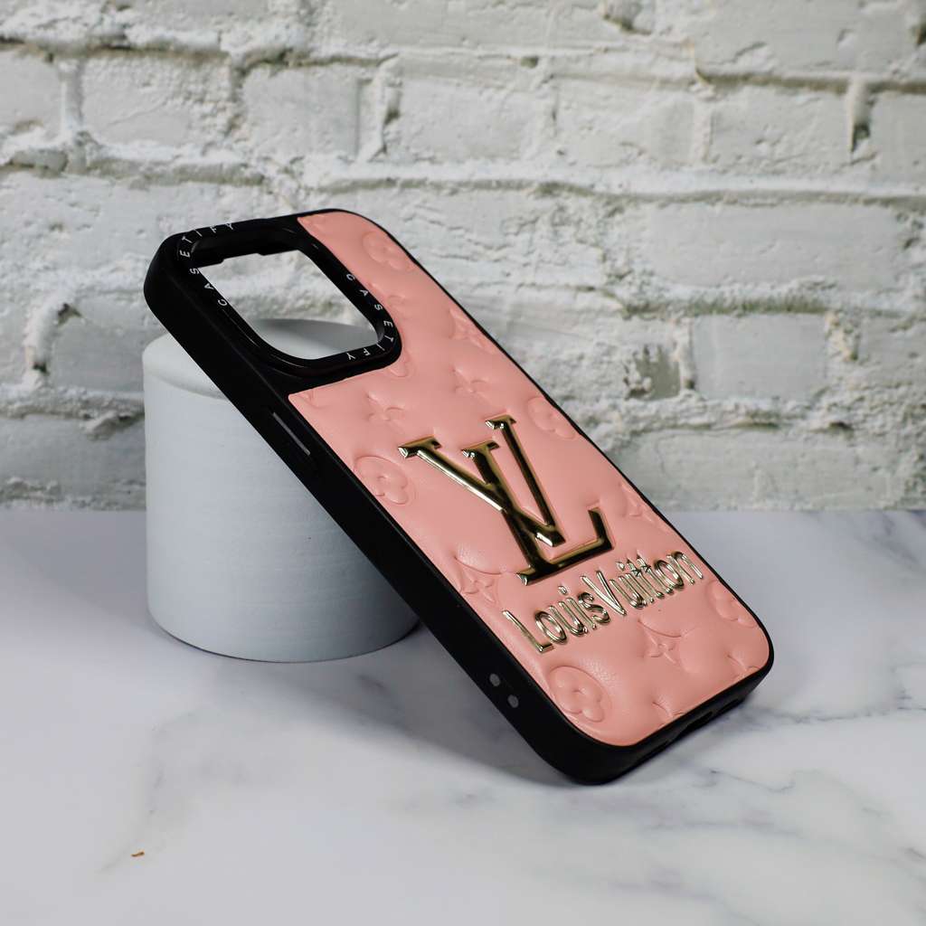 Pink LV stamped leather iPhone case shown from the back with protective camera coverage