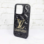 Black stamped leather LV iPhone case showing the embossed surface and protective back