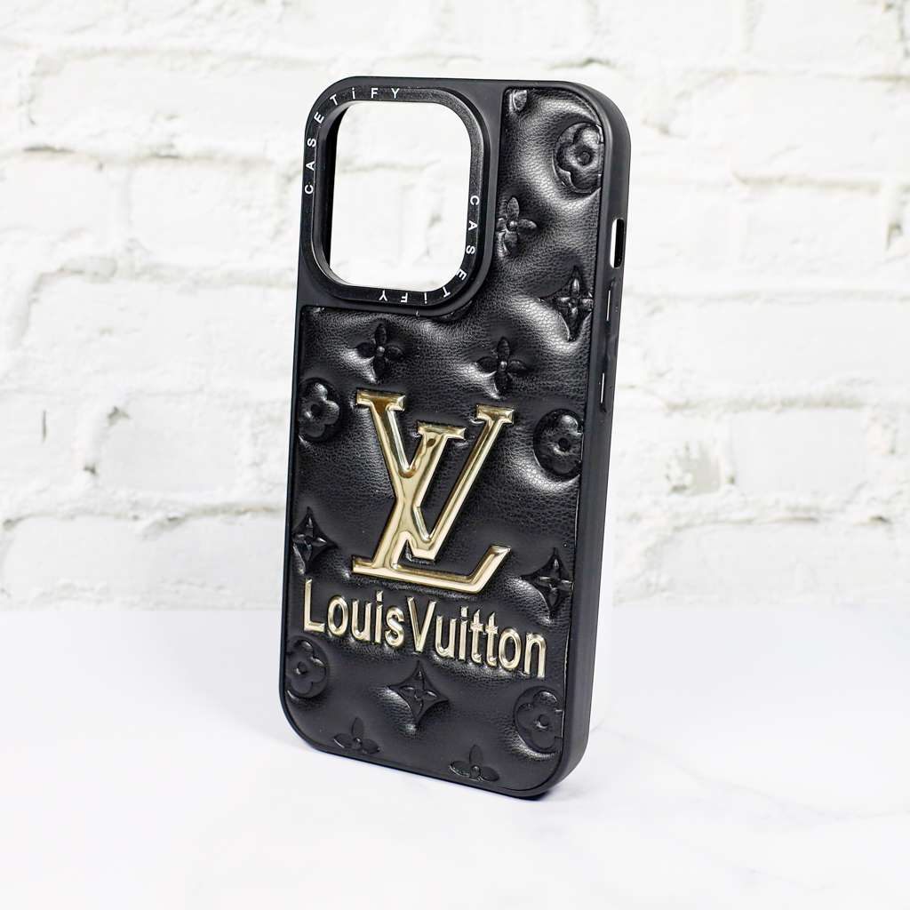 Black stamped leather LV iPhone case showing the embossed surface and protective back