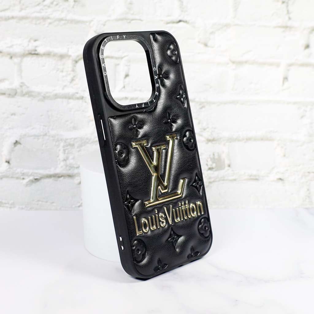 Close-up of the black stamped leather iPhone case highlighting texture and camera area