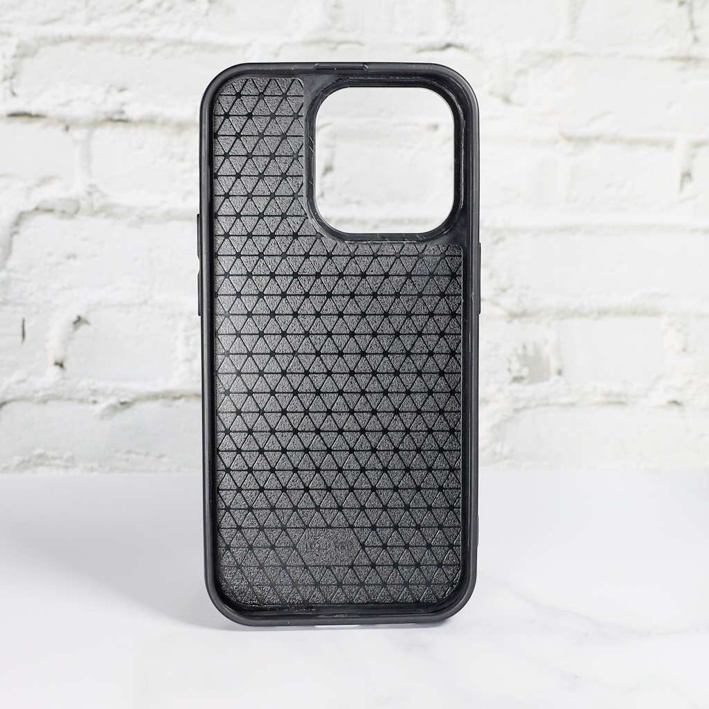 Black LV stamped leather iPhone case showing the fitted edges and dark protective finish