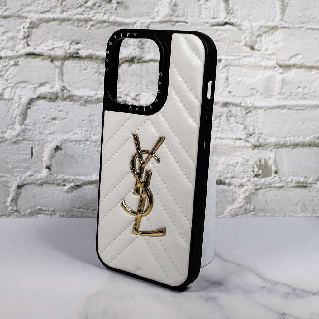 YSL Leather Phone Case Fashion White for iPhone 12 13 14 15 16 Pro Max Plus Version