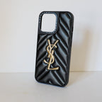YSL iPhone Case Fashion Black Leather for 12 13 14 15 16 Pro Max Plus Version