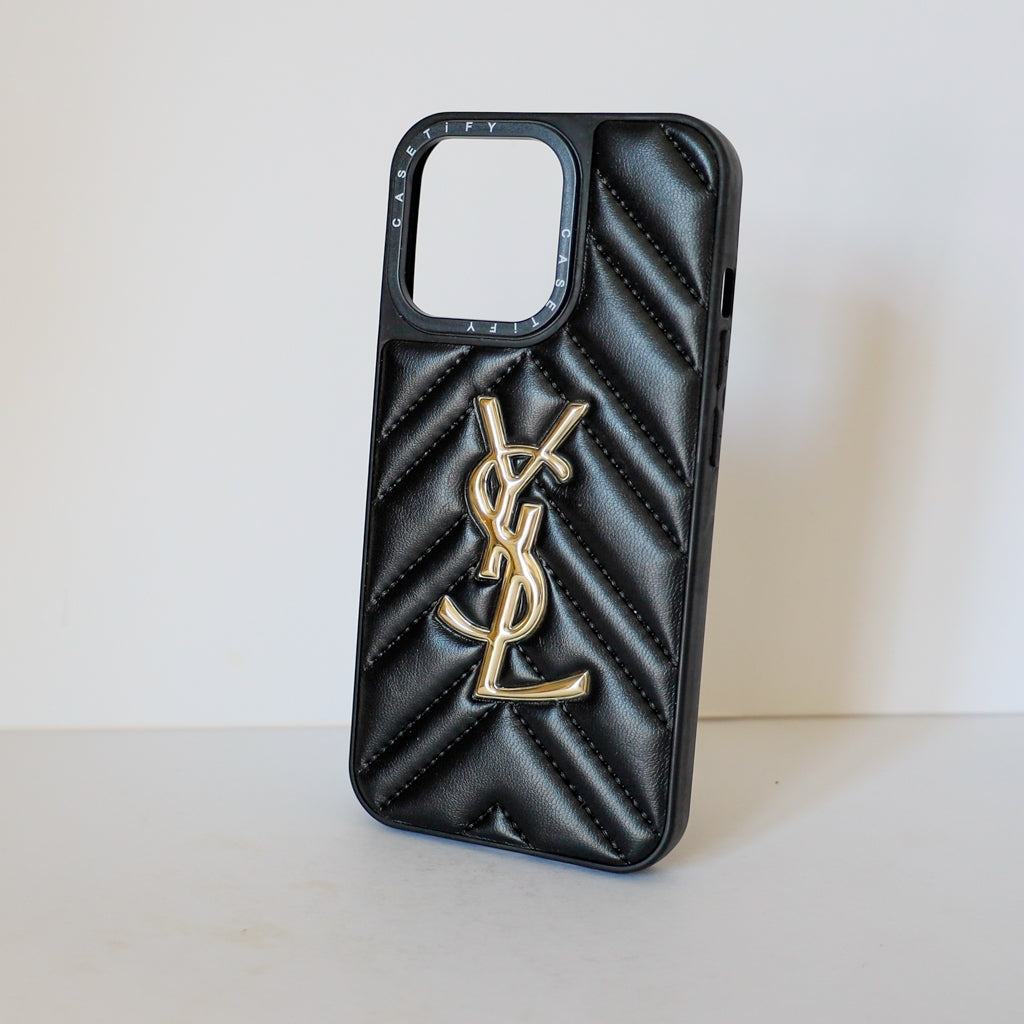 YSL iPhone Case Fashion Black Leather for 12 13 14 15 16 Pro Max Plus Version