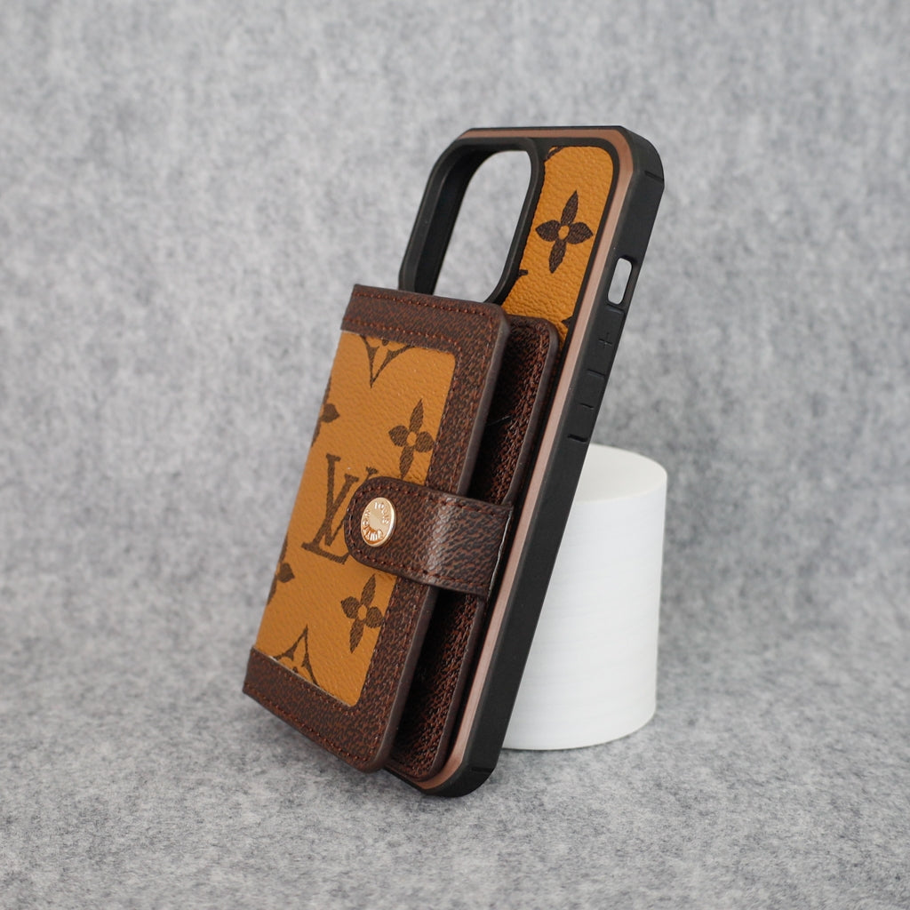 LV card slot wallet iPhone case showing the rear card holder and patterned leather finish