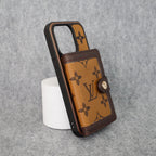 Close-up of the LV wallet iPhone case showing card storage and protective back design