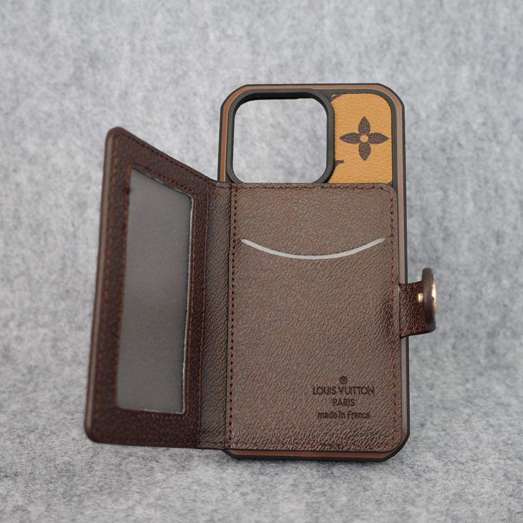 LV iPhone wallet case showing the card slot, camera opening and fitted protective edge