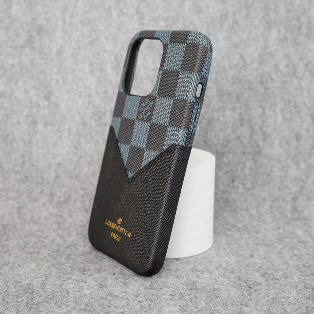 Black checkered iPhone case showing the patterned back cover and camera opening