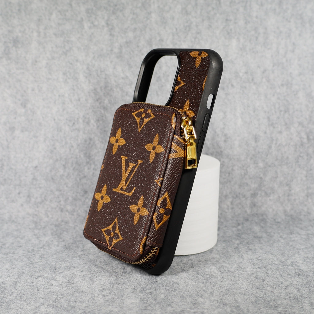 Designer zip wallet iPhone case showing the card holder compartment and leather cover