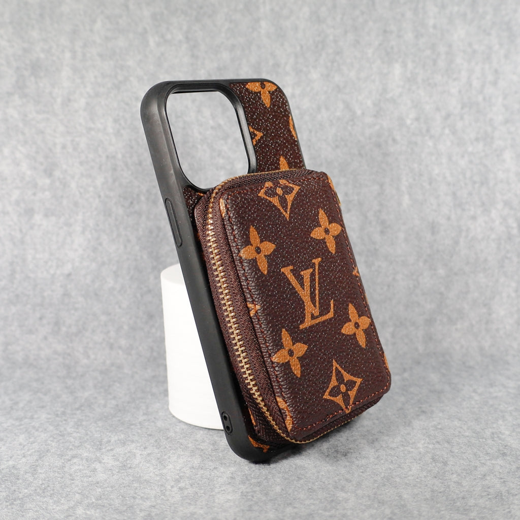 Close-up of the zipped iPhone wallet case showing card storage and zipper detail