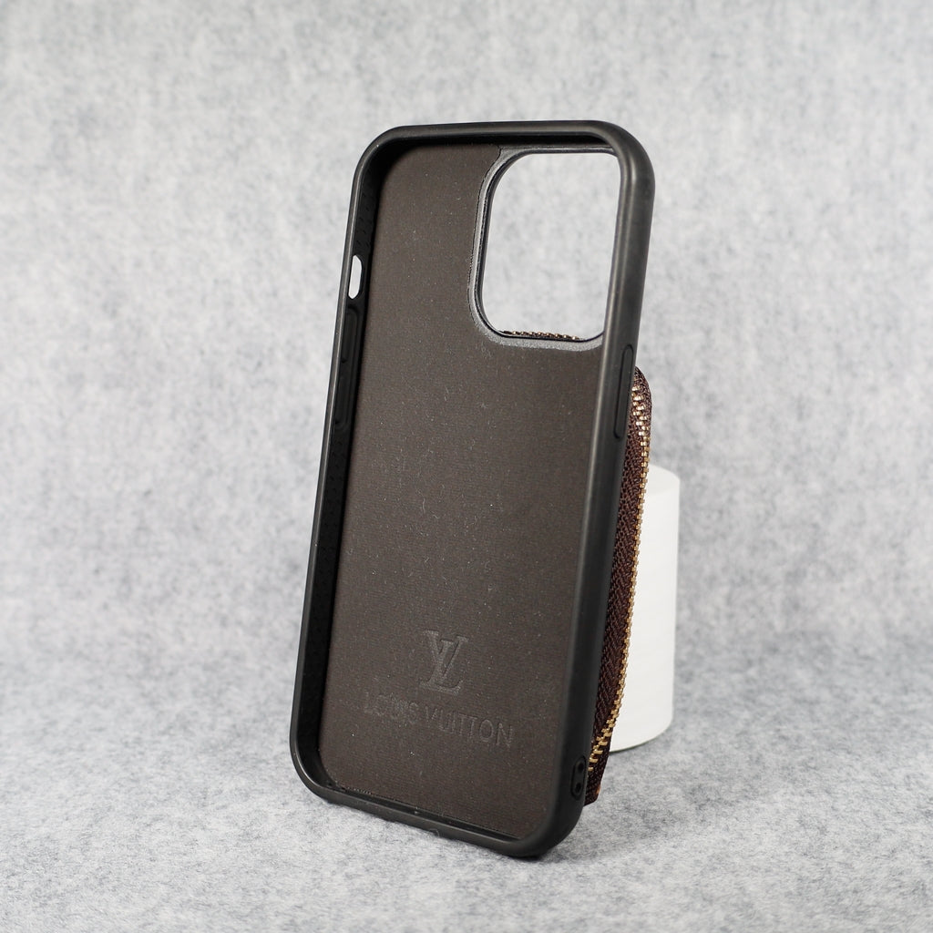 Designer iPhone wallet case showing the zipped card holder and protective phone shell