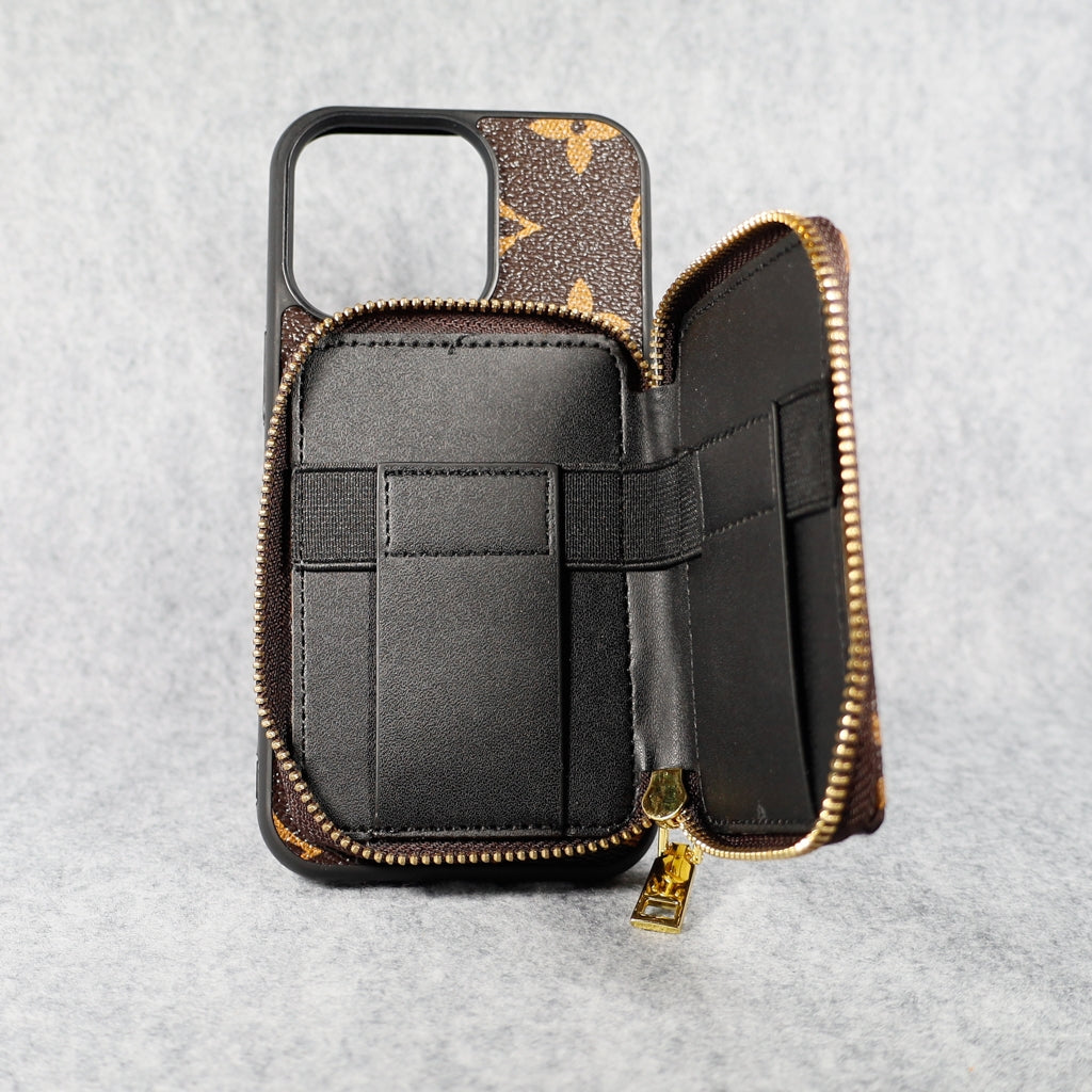 Detailed view of the designer iPhone wallet case with zip closure and card storage