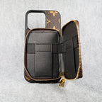 Detailed view of the designer iPhone wallet case with zip closure and card storage
