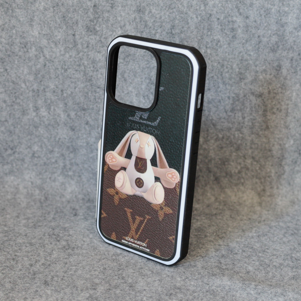 Rabbit print iPhone case close-up showing the illustrated design and fitted edge finish