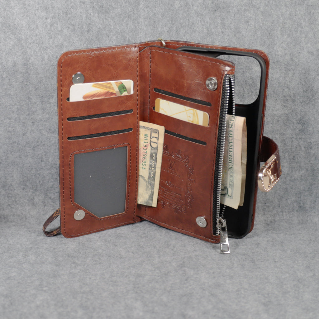 Fashion LV Wallet iPhone Case Zip Kickstand Function for iPhone 12 13 14 15 16 Pro Max Plus