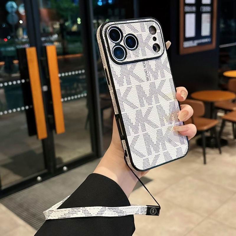 MK iPhone case with hand strap showing the patterned back cover and camera protection