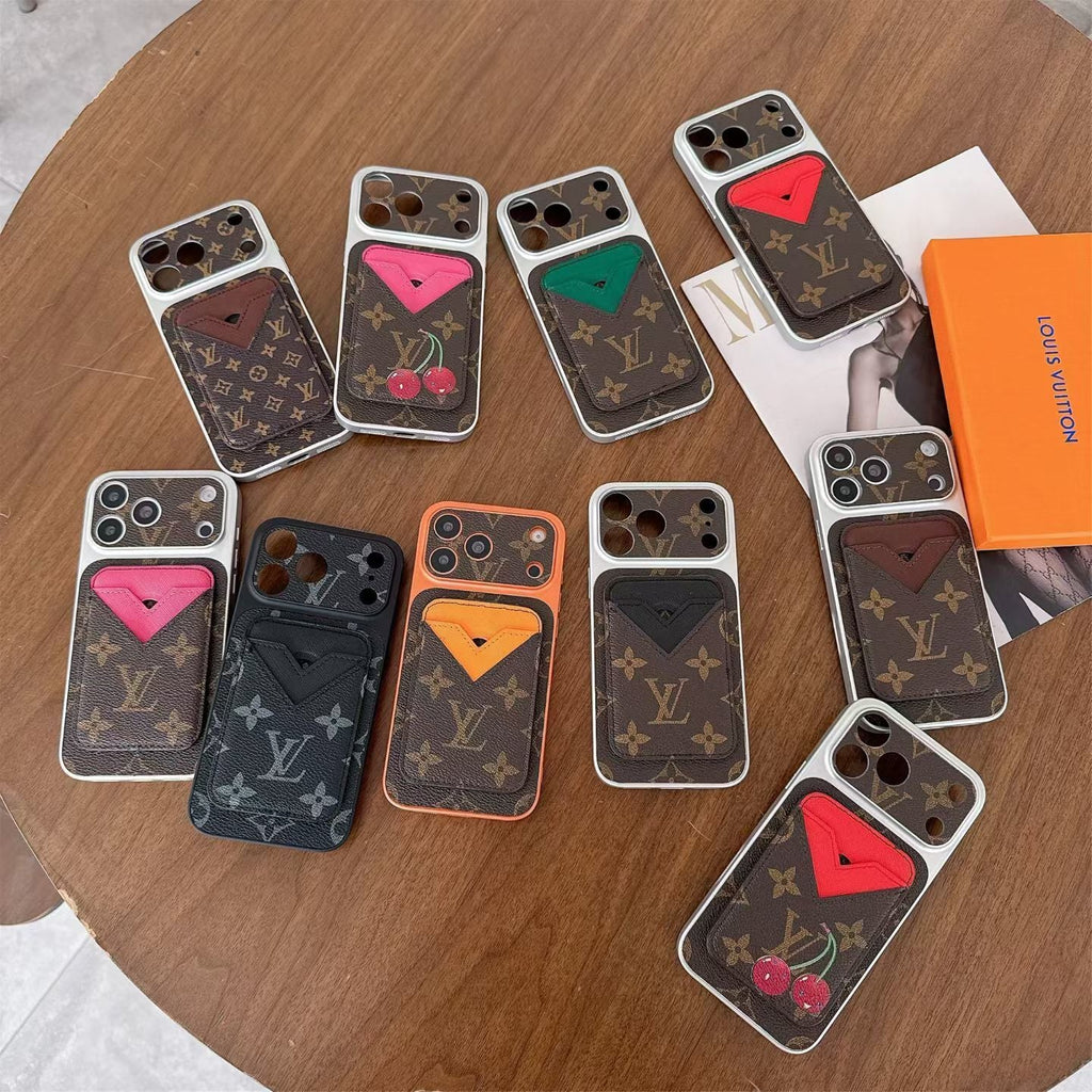 Magnetic card holder LV iPhone case showing the detachable wallet attachment and patterned back