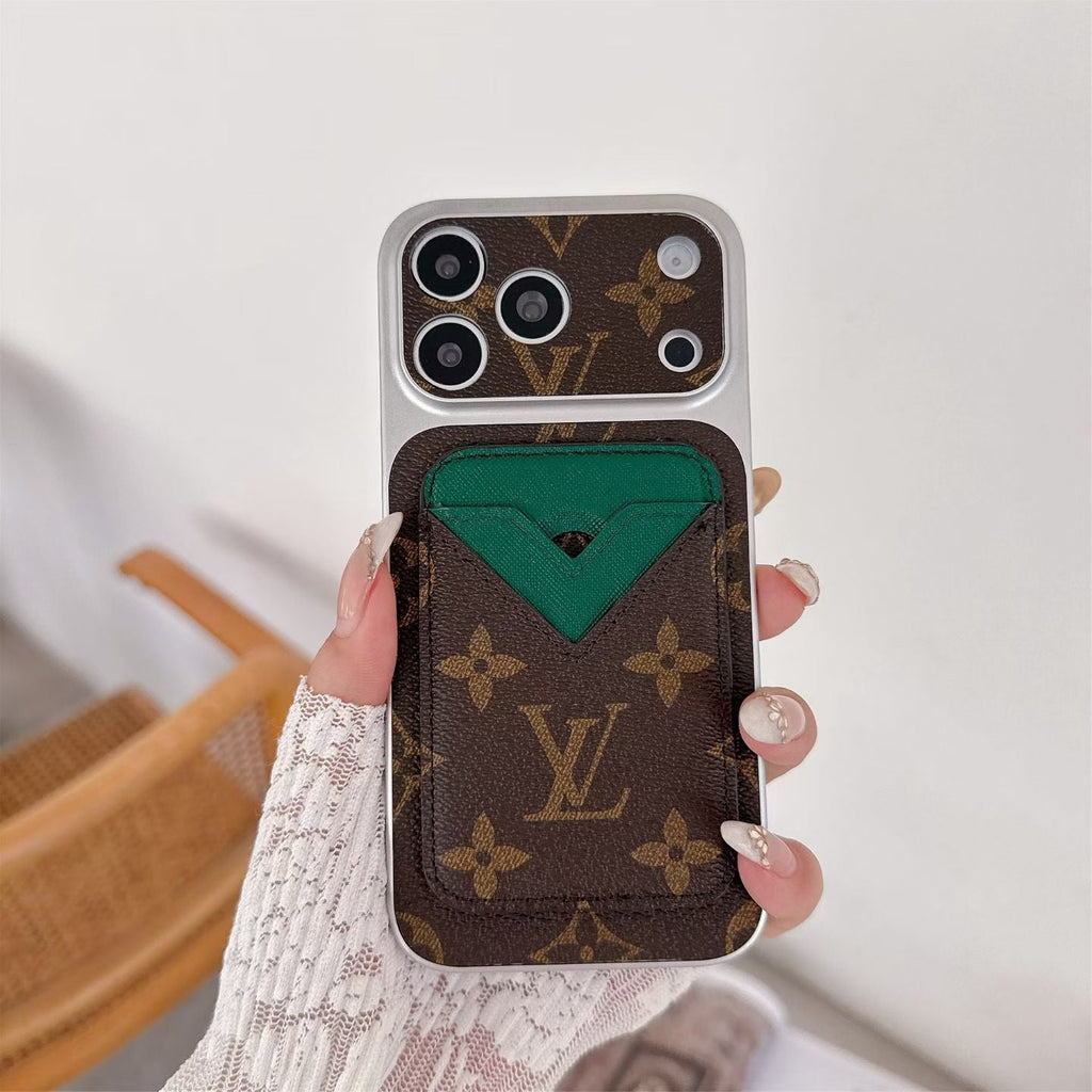 Magnetic card holder LV iPhone case close-up showing card storage and the camera opening