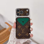 Magnetic card holder LV iPhone case close-up showing card storage and the camera opening