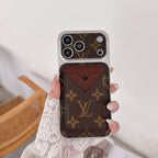 Magnetic card holder LV iPhone case showing the protective rear design and magnetic attachment