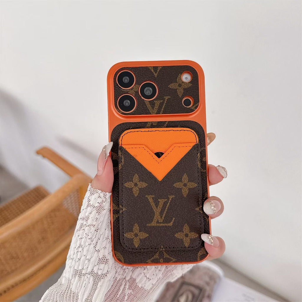 Magnetic card holder LV iPhone case showing the complete wallet-style back and fitted edges