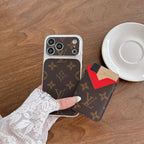 Magnetic card holder LV iPhone case close-up showing the wallet connection and leather finish