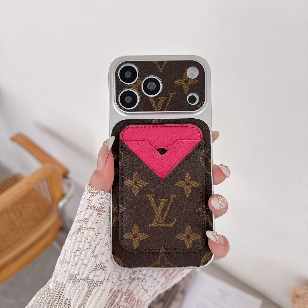 Magnetic card holder LV iPhone case showing the slim wallet profile and fitted protective cover