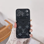 Magnetic card holder LV iPhone case showing the detachable storage feature and patterned back