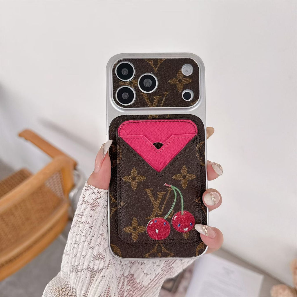 Magnetic card holder LV iPhone case showing the leather rear cover and protective camera area