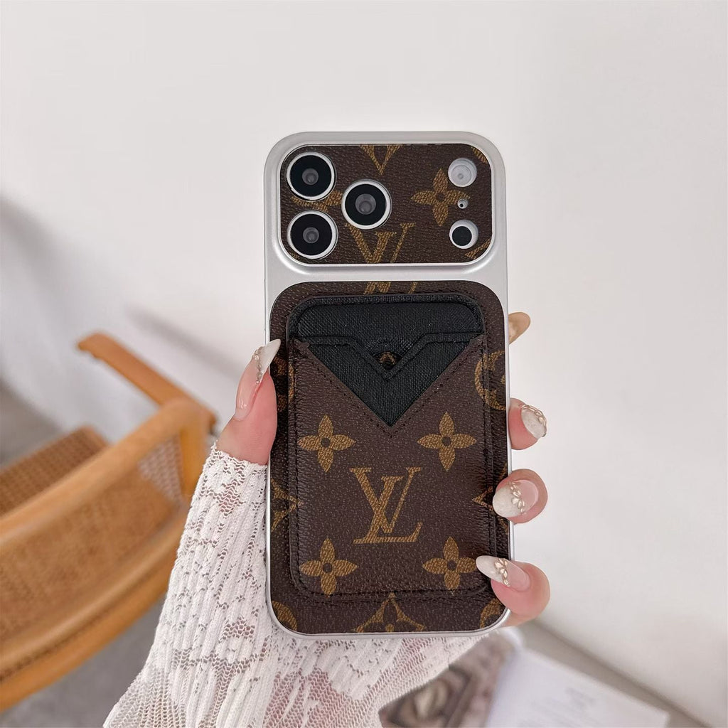 Magnetic card holder LV iPhone case showing the rear card holder and slim fitted profile