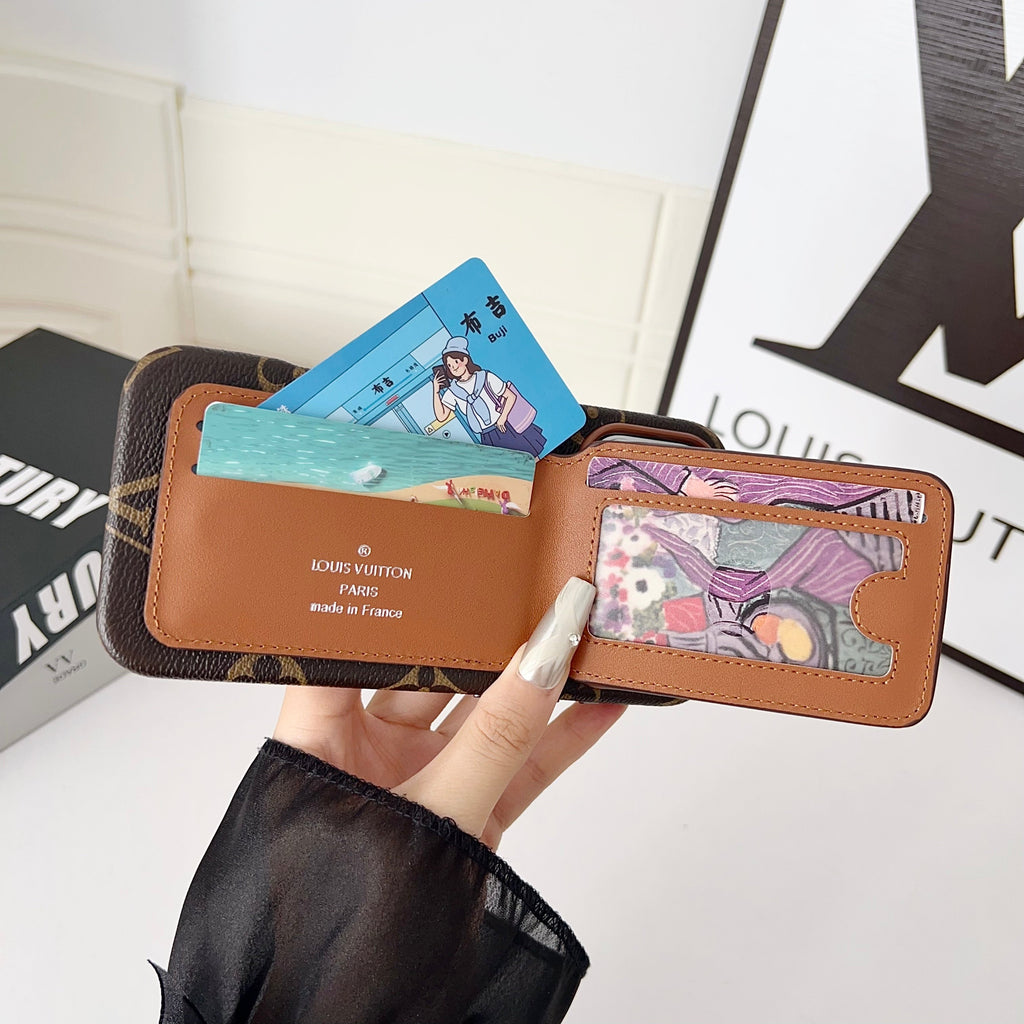 LV magnetic card holder iPhone case showing the patterned cover and wallet feature