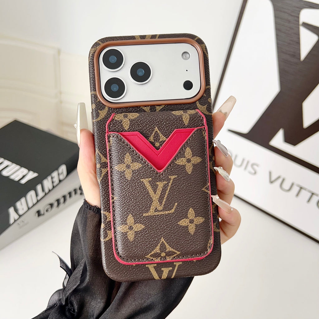 iPhone case with magnetic card holder showing the slim leather finish and card storage