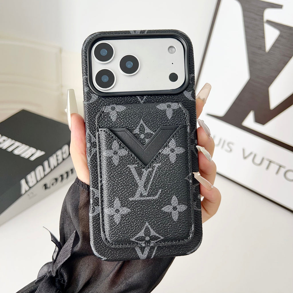LV magnetic card holder iPhone case shown with the wallet attached to the rear cover