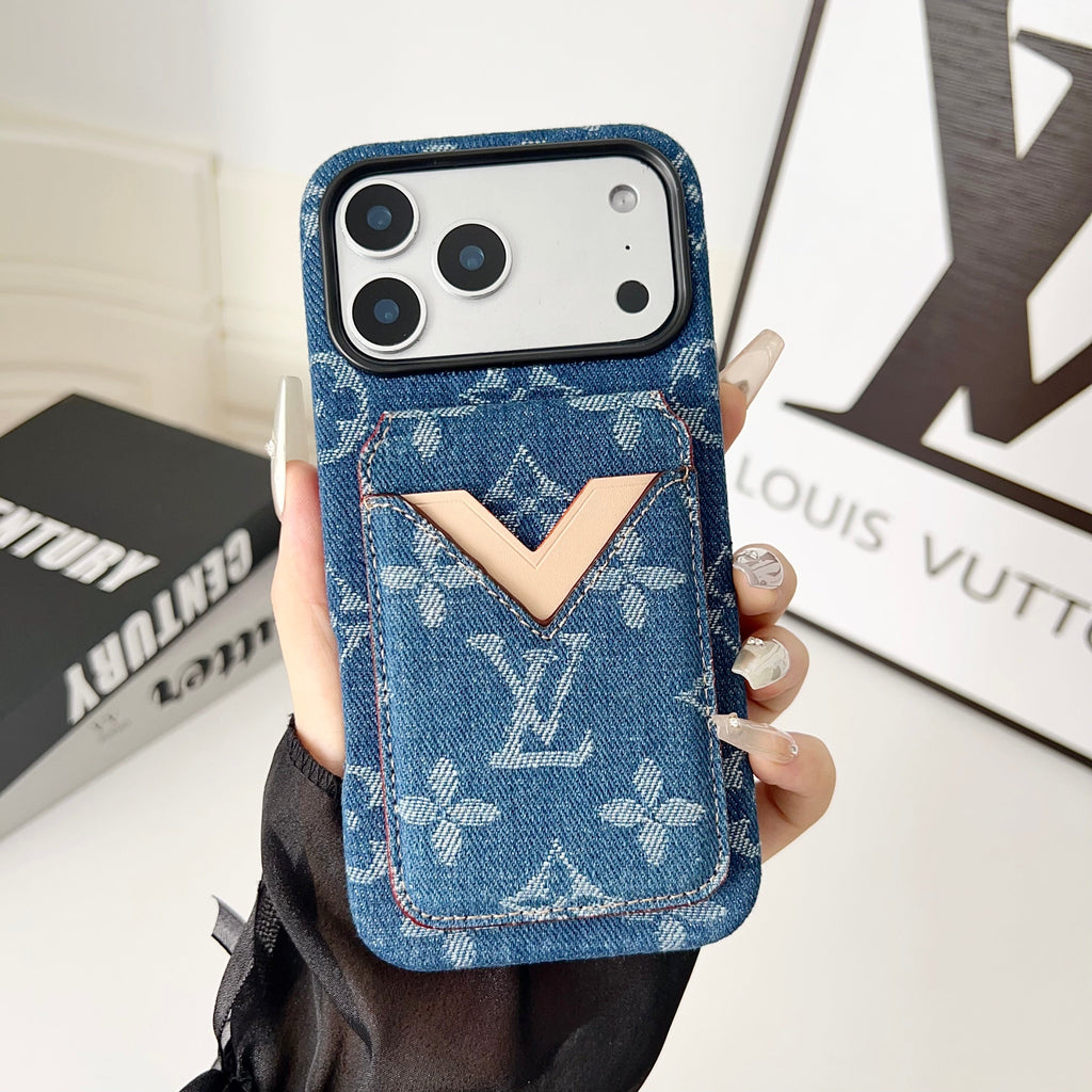 Close-up of the LV magnetic iPhone wallet case showing card storage and camera protection
