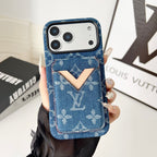 Close-up of the LV magnetic iPhone wallet case showing card storage and camera protection