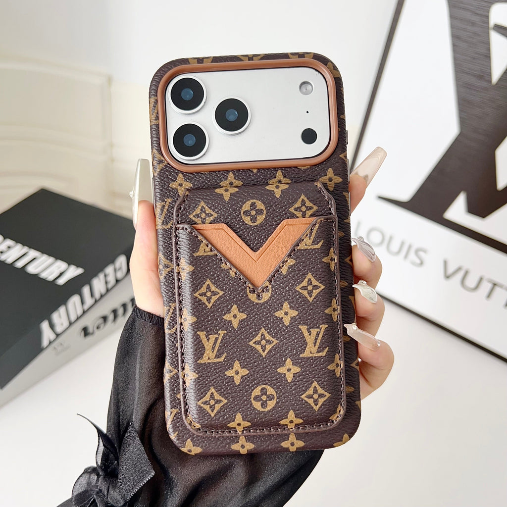 Close-up of the LV magnetic card holder case showing the patterned back and fitted edges