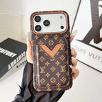 Close-up of the LV magnetic card holder case showing the patterned back and fitted edges