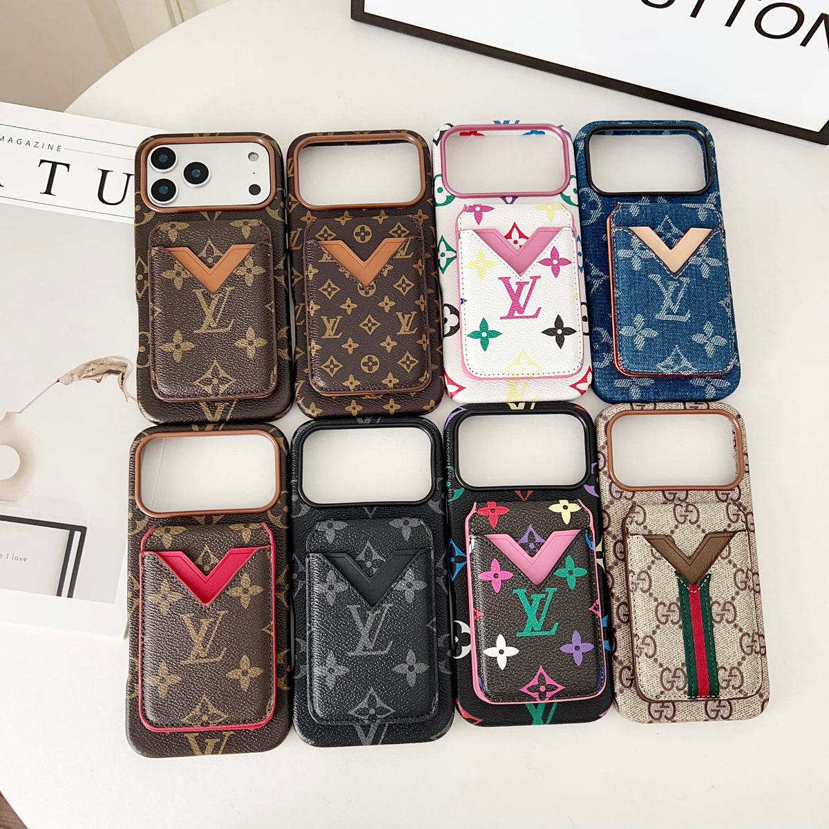 LV iPhone case with magnetic card holder showing the detachable wallet attachment