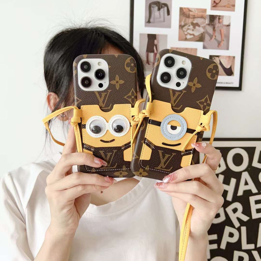 Brown Minions LV crossbody iPhone case showing the playful patterned back and shoulder strap