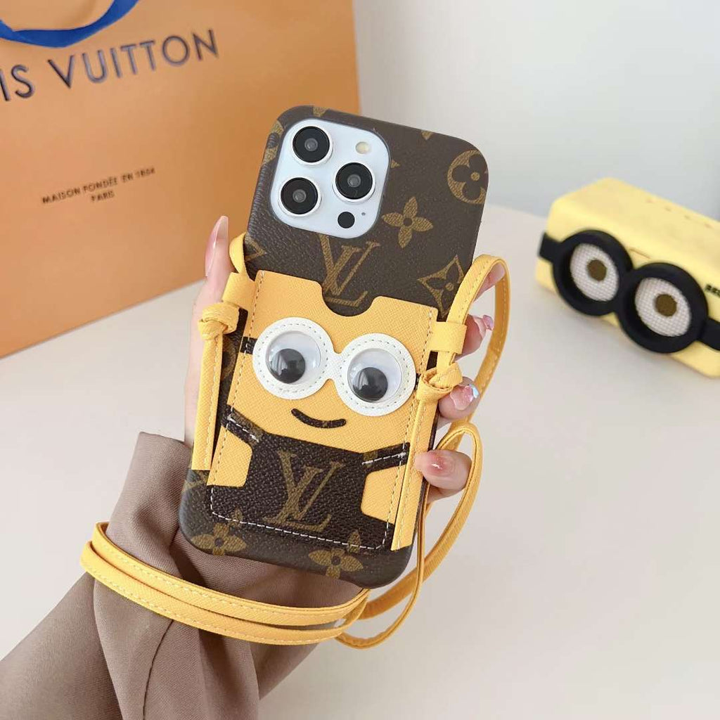 Brown Minions LV crossbody iPhone case close-up showing the decorative design and strap detail